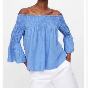 Zara 100% Linen Blue Off-Shoulder Women's Top